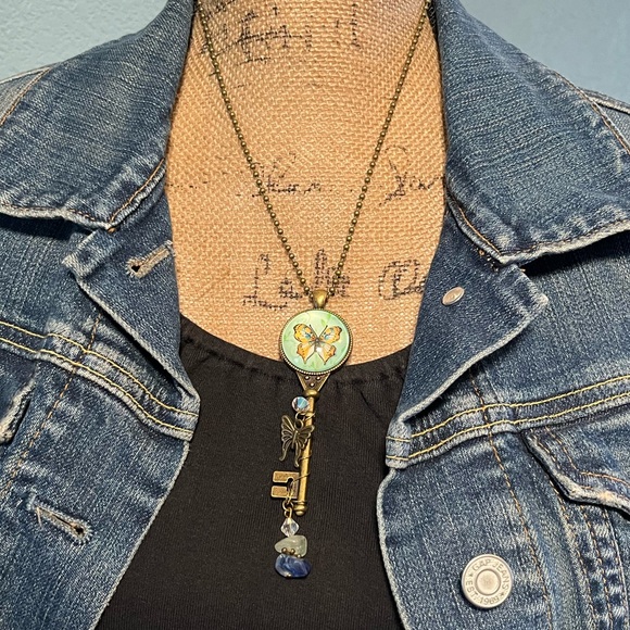 Handmade Butterfly Glass Cabochon Skeleton Key Pendant Necklace - Picture 2 of 13